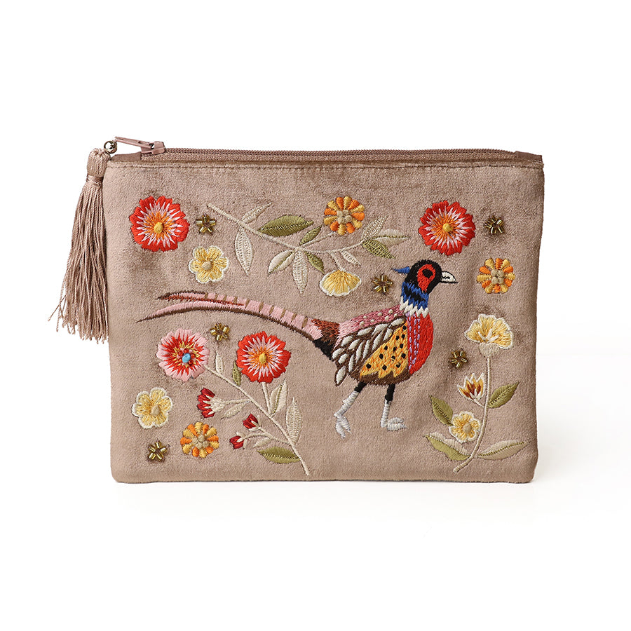 Tan fabric embroidered purse with a zip and gold tassel, featuring colourful flowers and a pheasant design on the front.
