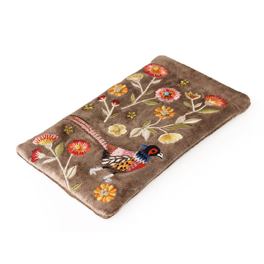 Brown rectangular embroidered glasses case adorned with colourful flowers and a bird, shown against a white background.