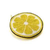 Handcrafted beaded pouch fashioned to resemble a lemon slice, this citrus-themed accessory is adorned with yellow and white beads for a fresh, playful style.