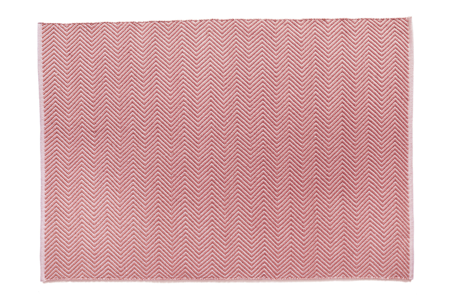 This square-shaped fabric boasts a striking red and white chevron pattern with visible texture, crafted from Herringbone Recycled Plastic Bottles Rug material for an eco-friendly touch.