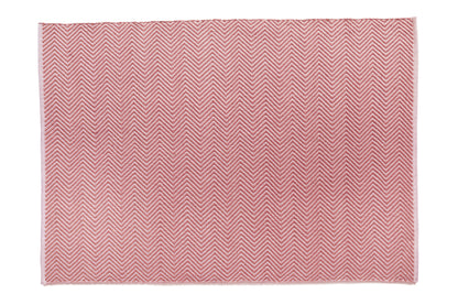 This square-shaped fabric boasts a striking red and white chevron pattern with visible texture, crafted from Herringbone Recycled Plastic Bottles Rug material for an eco-friendly touch.