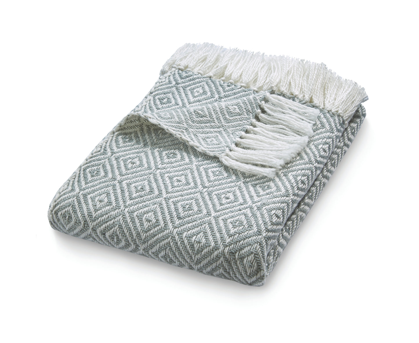 Folded grey and white sustainable throw blanket, woven from recycled plastic bottles with a geometric diamond pattern and fringed edges, placed on a white background.