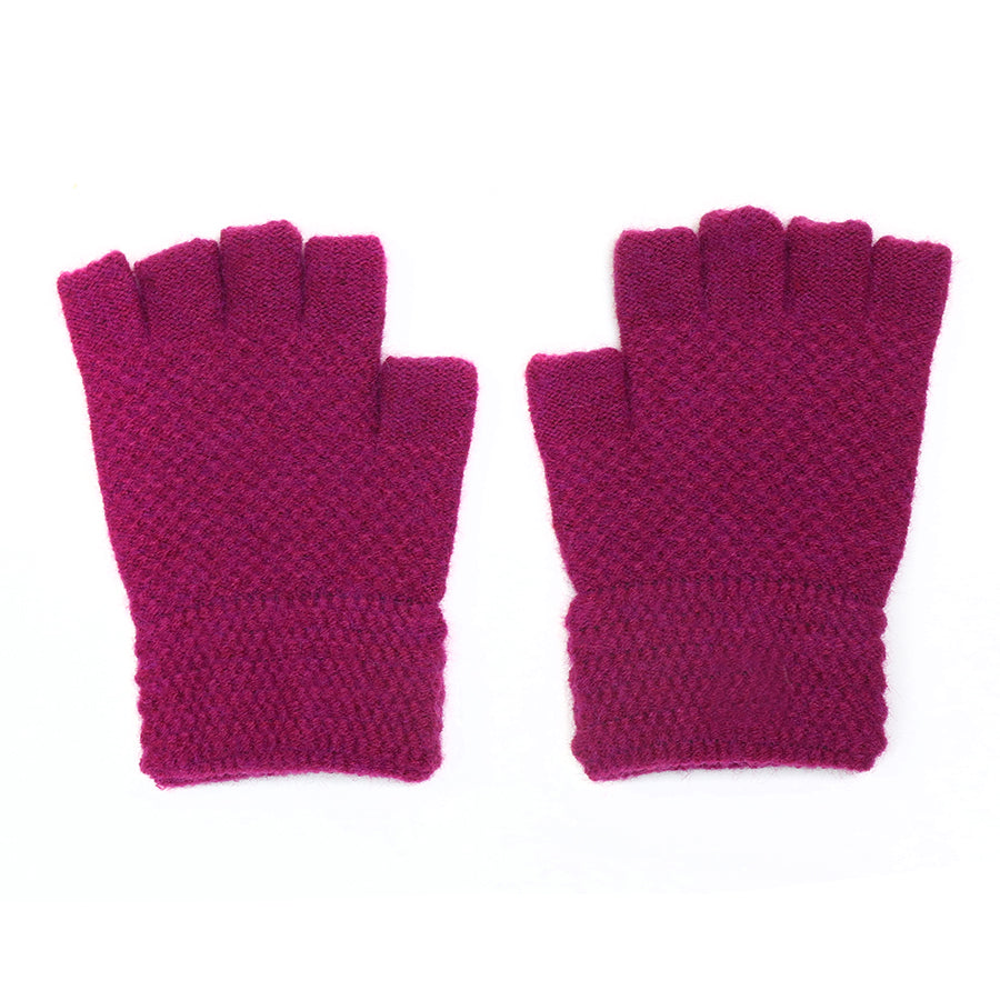 A pair of magenta fingerless gloves with a cosy waffle texture, shown against a white background.