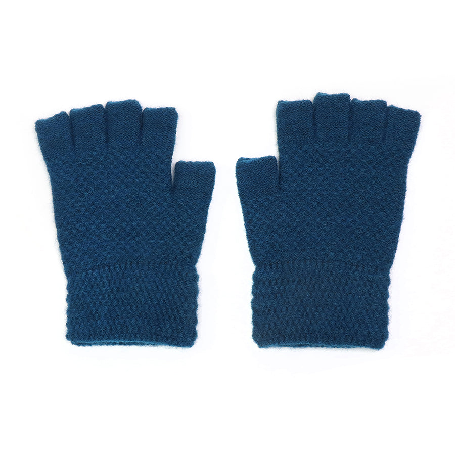 A pair of blue vegan fingerless gloves with a waffle knit design shown on a white background.