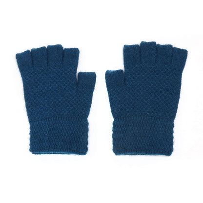 A pair of blue vegan fingerless gloves with a waffle knit design shown on a white background.