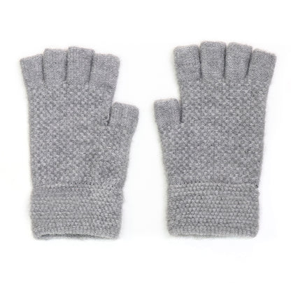 A pair of grey, knitted fingerless gloves made from vegan materials, shown side by side on a white background—ideal accessories for autumn.
