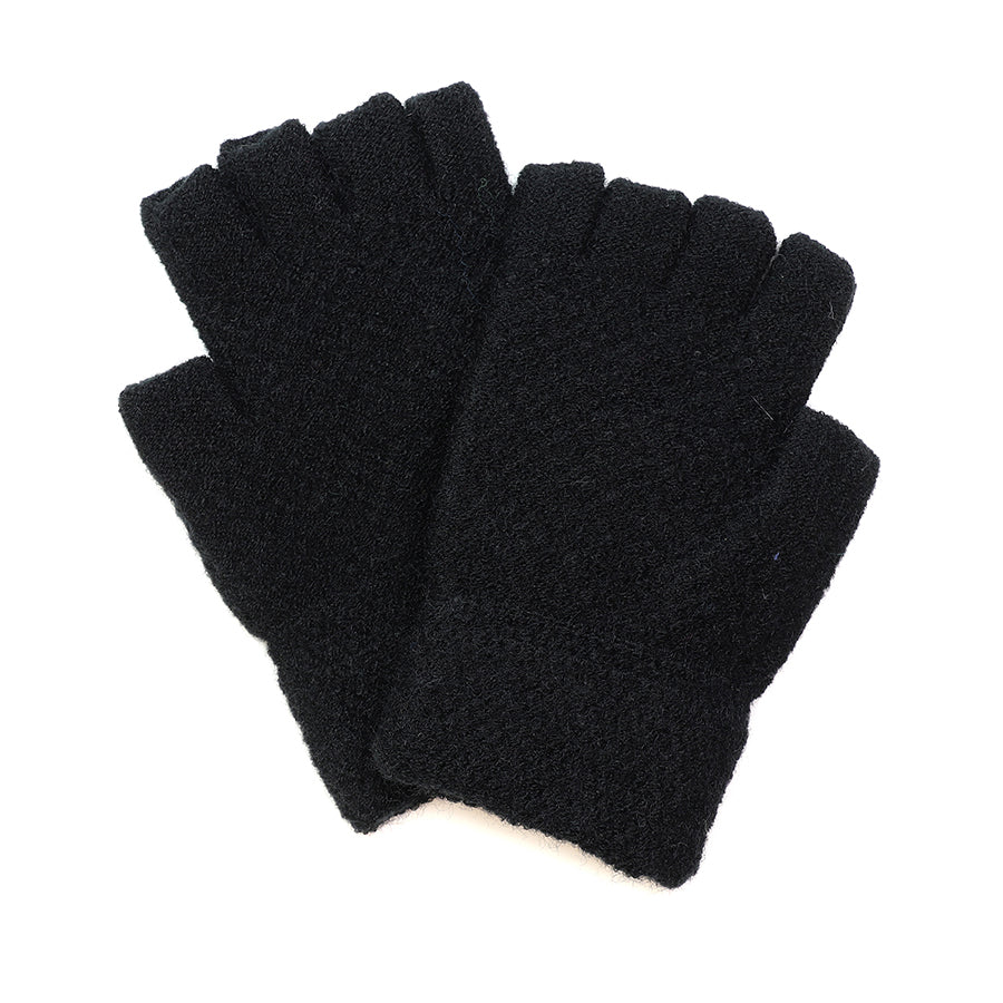 A pair of black vegan fingerless gloves shown on a white background.