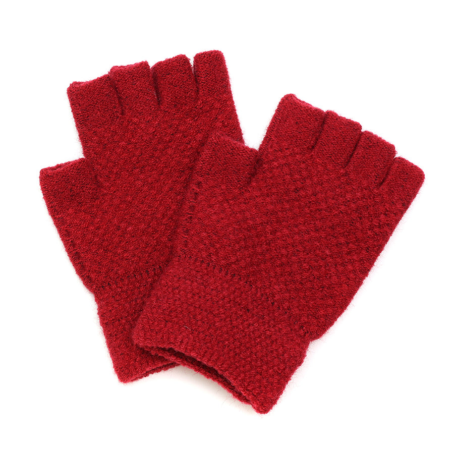 A pair of red fingerless gloves, ideal as autumn and winter accessories, are displayed overlapping on a white background.