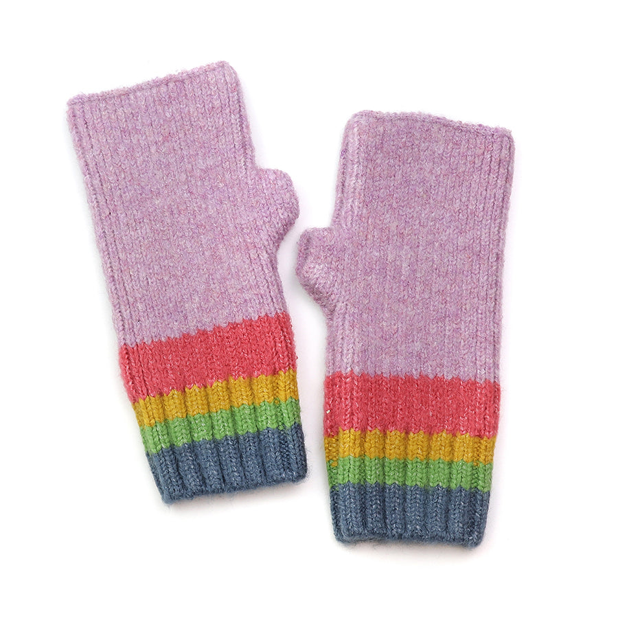 A pair of cruelty-free mauve rainbow mittens—pink, fingerless, with red, green, yellow and grey stripes near the cuffs—laid flat on a white background.