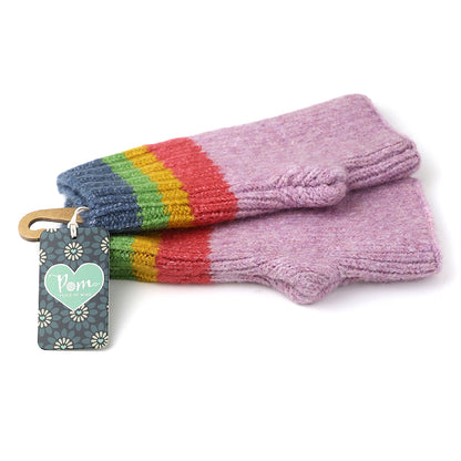 A pair of fingerless Mauve Rainbow Mittens with vivid stripes and a floral tag fastened by a wooden ring. These vegan mittens are stylish, cruelty-free, and ideal for any season.