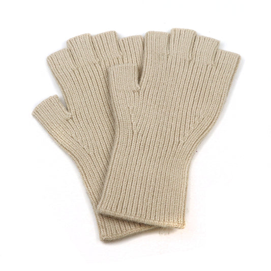 A pair of cosy, beige, ribbed fingerless gloves crafted from recycled material, laid flat on a white background.