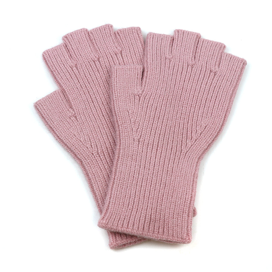 A pair of dusky pink fingerless gloves, ribbed and knitted from recycled materials, laid flat on a white background—ideal for those in search of sustainable accessories.
