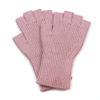 A pair of dusky pink fingerless gloves, ribbed and knitted from recycled materials, laid flat on a white background—ideal for those in search of sustainable accessories.