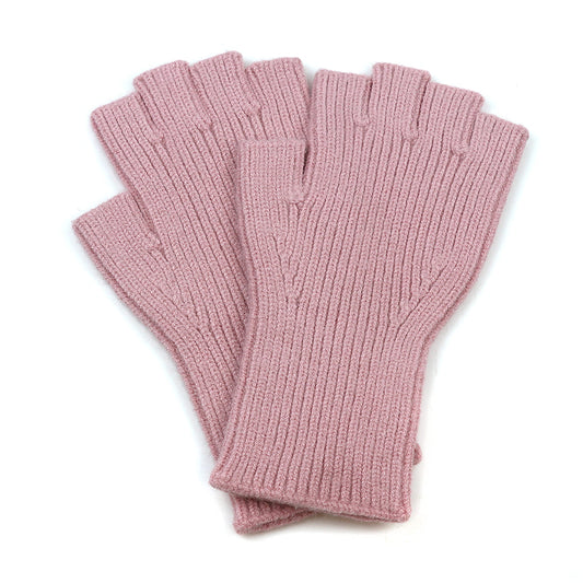 A pair of dusky pink fingerless gloves, ribbed and knitted from recycled materials, laid flat on a white background—ideal for those in search of sustainable accessories.
