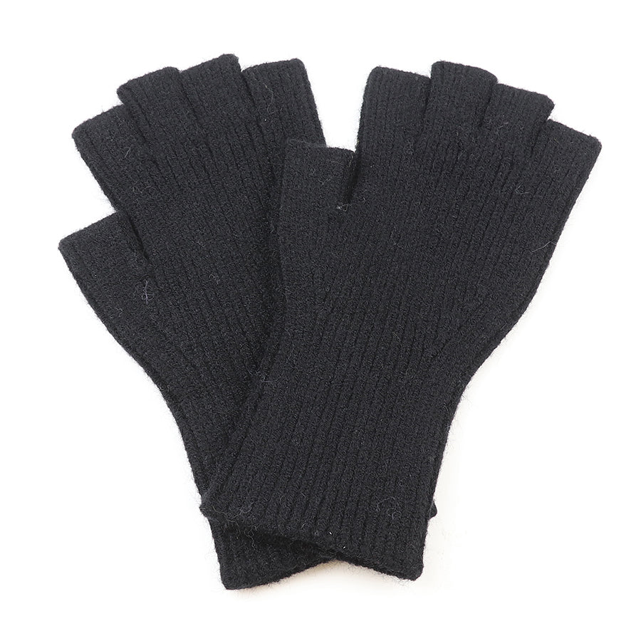 A pair of black, vegan-friendly knitted fingerless gloves are laid flat on a white background.
