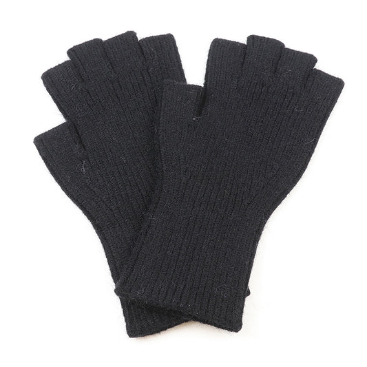 A pair of black, vegan-friendly knitted fingerless gloves are laid flat on a white background.