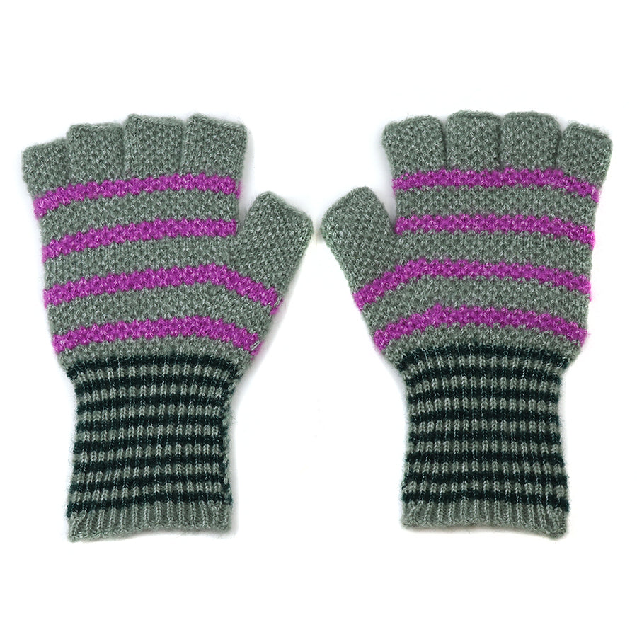 A pair of grey recycled blend fingerless gloves with purple horizontal stripes and black-and-grey striped cuffs, shown palm down.