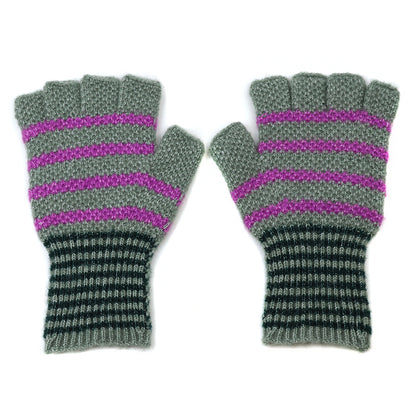 A pair of grey recycled blend fingerless gloves with purple horizontal stripes and black-and-grey striped cuffs, shown palm down.