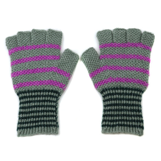 A pair of grey recycled blend fingerless gloves with purple horizontal stripes and black-and-grey striped cuffs, shown palm down.