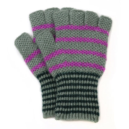 A pair of knitted, grey fingerless gloves with purple stripes and black-and-grey striped cuffs, crafted from a recycled blend for sustainable comfort, displayed on a white background.