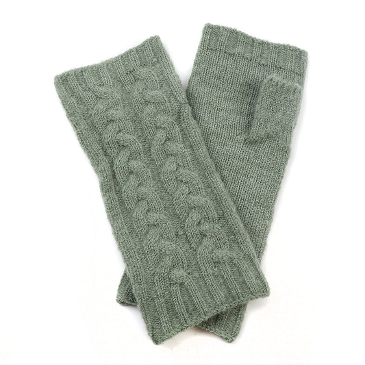 A pair of sage green cable-knit wrist warmers featuring a fashionable fingerless design and an intricate cable pattern across the front.