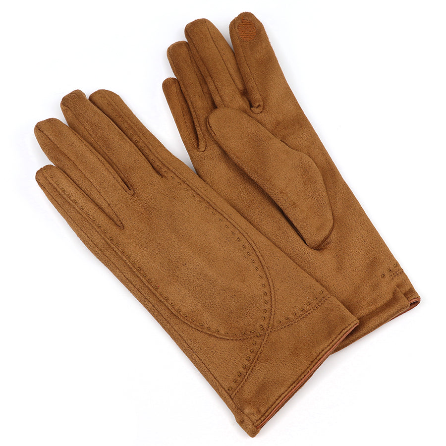 A pair of brown faux suede gloves with simple stitching detail, laid flat on a white background—ideal vegan-friendly gloves for winter fashion accessories.
