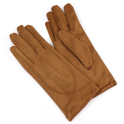 A pair of brown faux suede gloves with simple stitching detail, laid flat on a white background—ideal vegan-friendly gloves for winter fashion accessories.