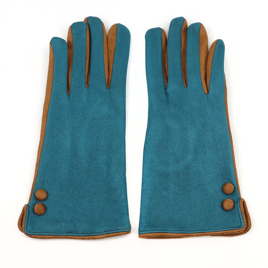 A pair of colour-blocked faux suede gloves in teal and brown with two decorative buttons on the wrists, shown against a white background.