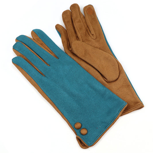 A pair of colour-blocked gloves with teal suede on the top and brown suede on the underside, featuring two small round buttons near the wrist.