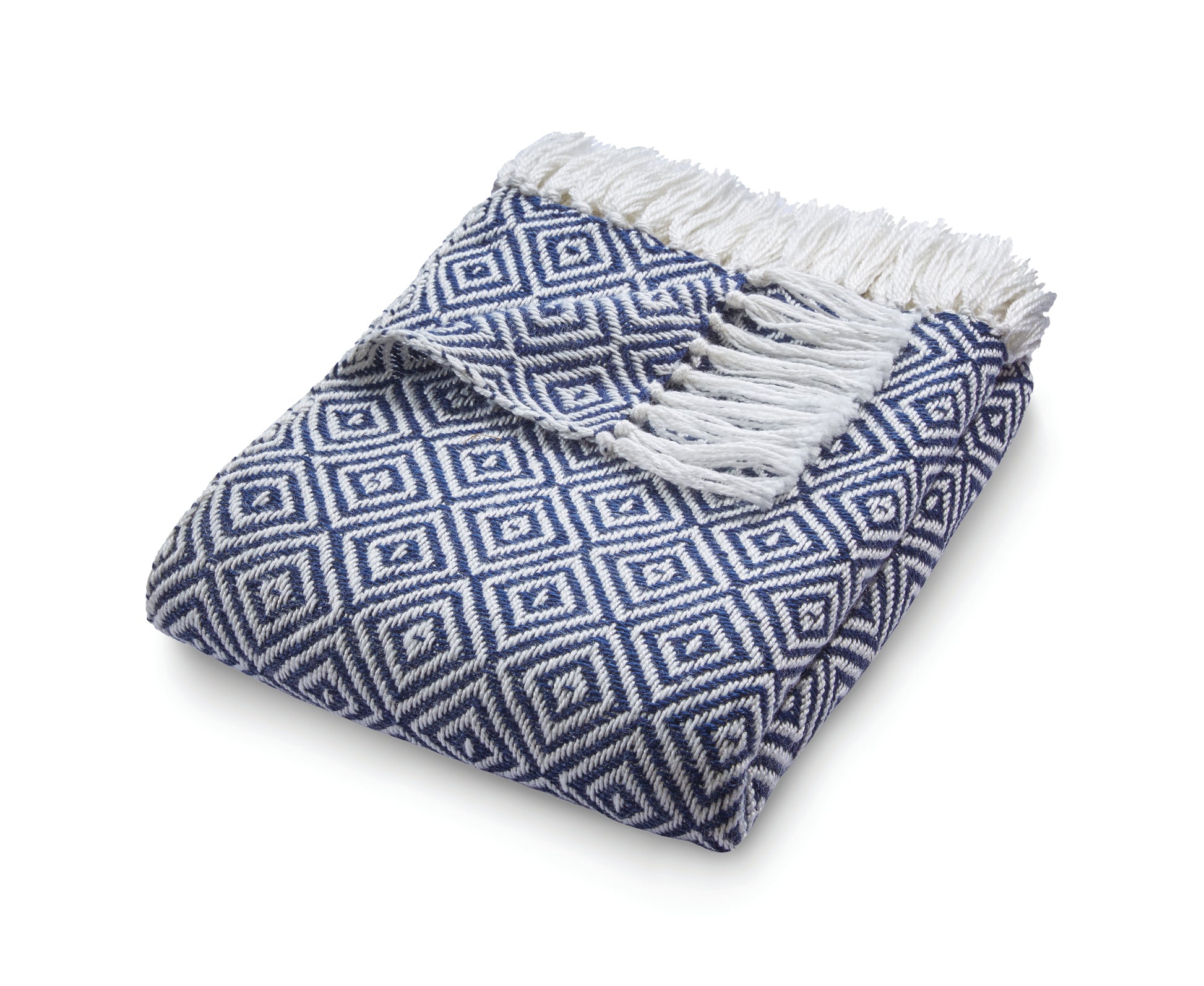 A folded blue and white sustainable throw, featuring a diamond pattern, crafted from recycled plastic bottles and finished with white fringe along one edge, placed against a white background.