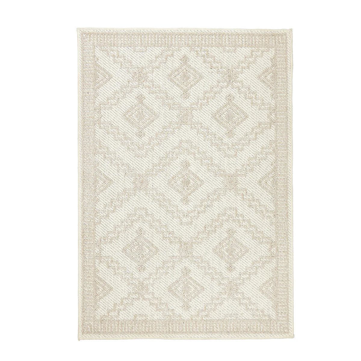 Beige vegan diamond cream rug with a subtle geometric pattern and textured border, made from durable polyester for a stylish and long-lasting finish, displayed against a white background.