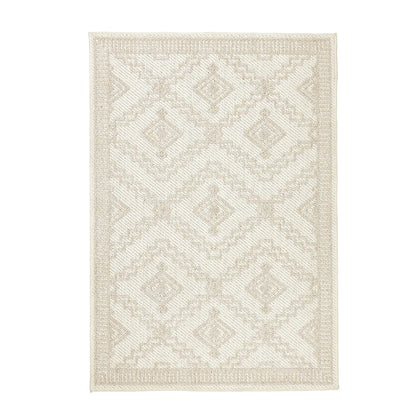 Beige vegan diamond cream rug with a subtle geometric pattern and textured border, made from durable polyester for a stylish and long-lasting finish, displayed against a white background.