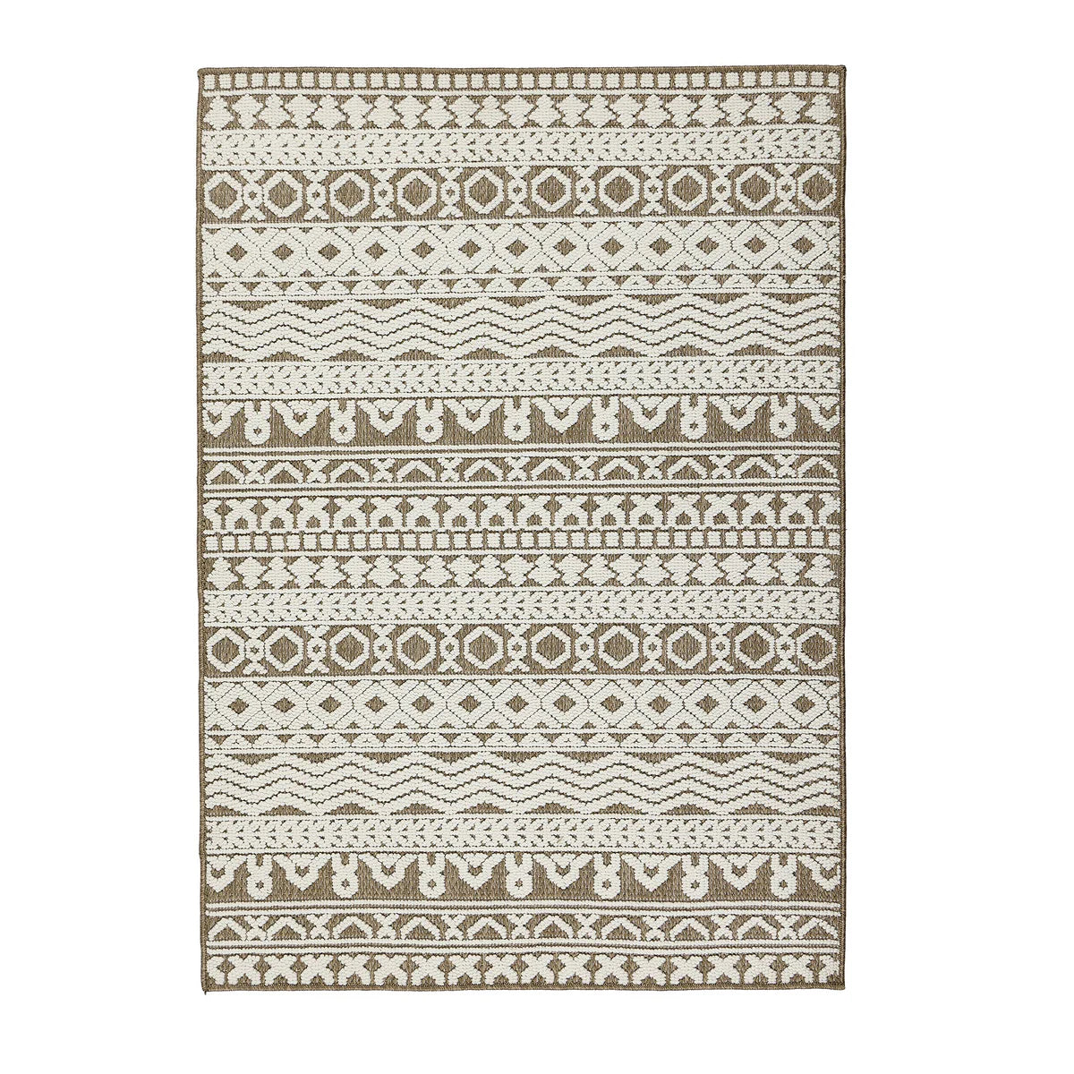 Rectangular, striped textured rug in beige and white, featuring a geometric pattern with horizontal rows of repeating shapes and motifs. Hard-wearing polyester construction ensures enduring style.