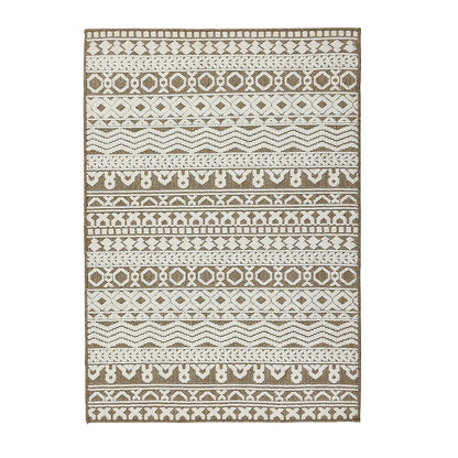 Rectangular, striped textured rug in beige and white, featuring a geometric pattern with horizontal rows of repeating shapes and motifs. Hard-wearing polyester construction ensures enduring style.