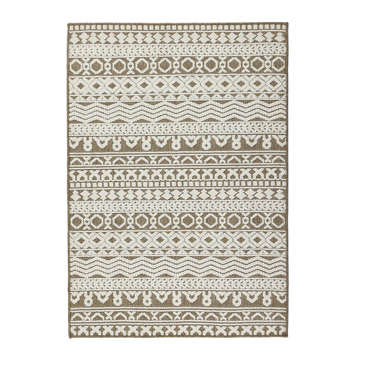 Rectangular, striped textured rug in beige and white, featuring a geometric pattern with horizontal rows of repeating shapes and motifs. Hard-wearing polyester construction ensures enduring style.