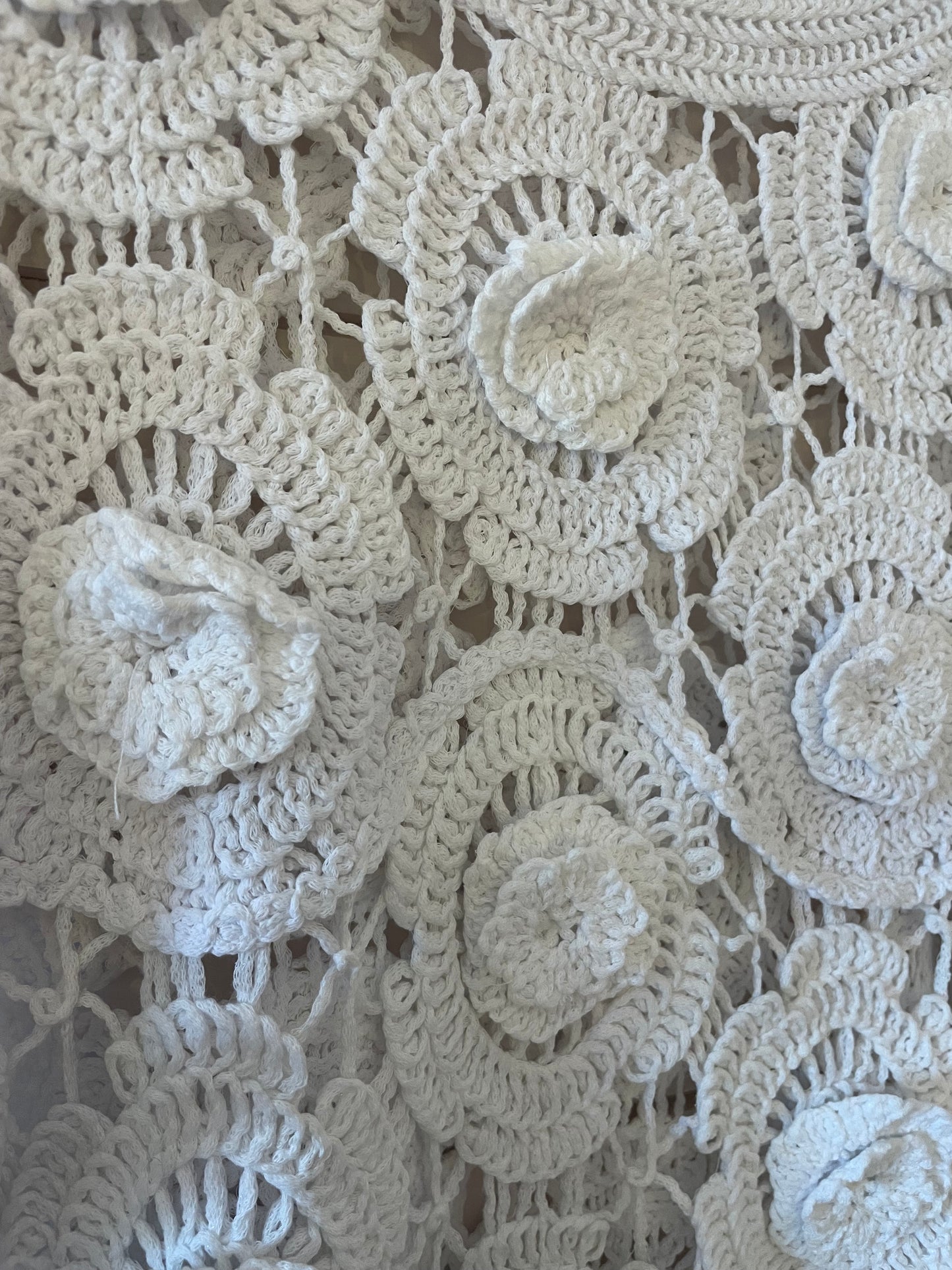 Close-up of a white flower jumper showcasing intricate circular floral patterns and textured detailing—an ideal piece for spring layering.