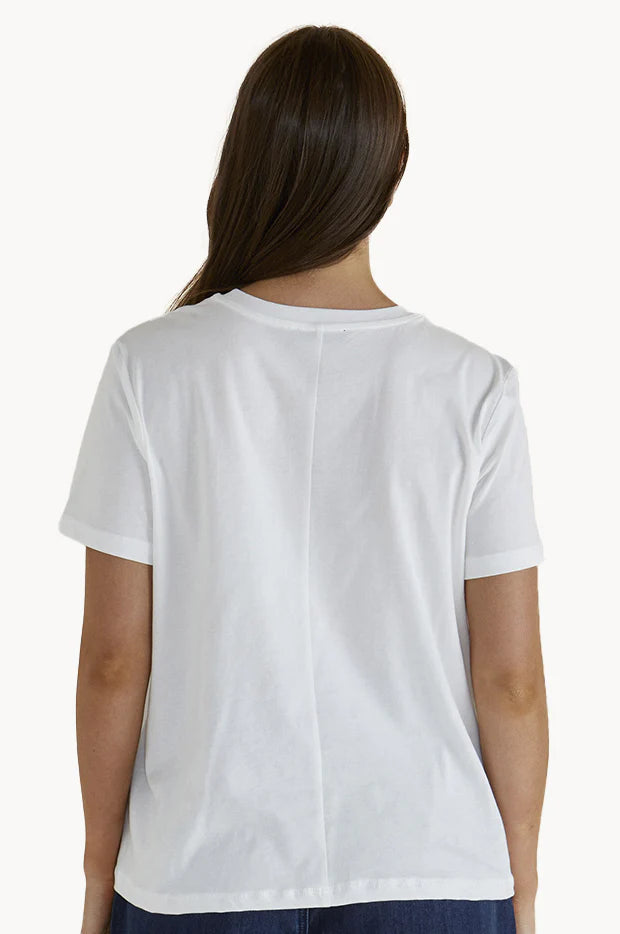 Individual with long brown hair wearing a plain white short-sleeved t-shirt made from breathable material, seen from behind against a white background.