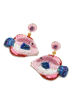 A pair of blue and pink fish earrings, handcrafted with colourful beads, featuring circular stud fittings—ideal as distinctive beaded statement earrings.