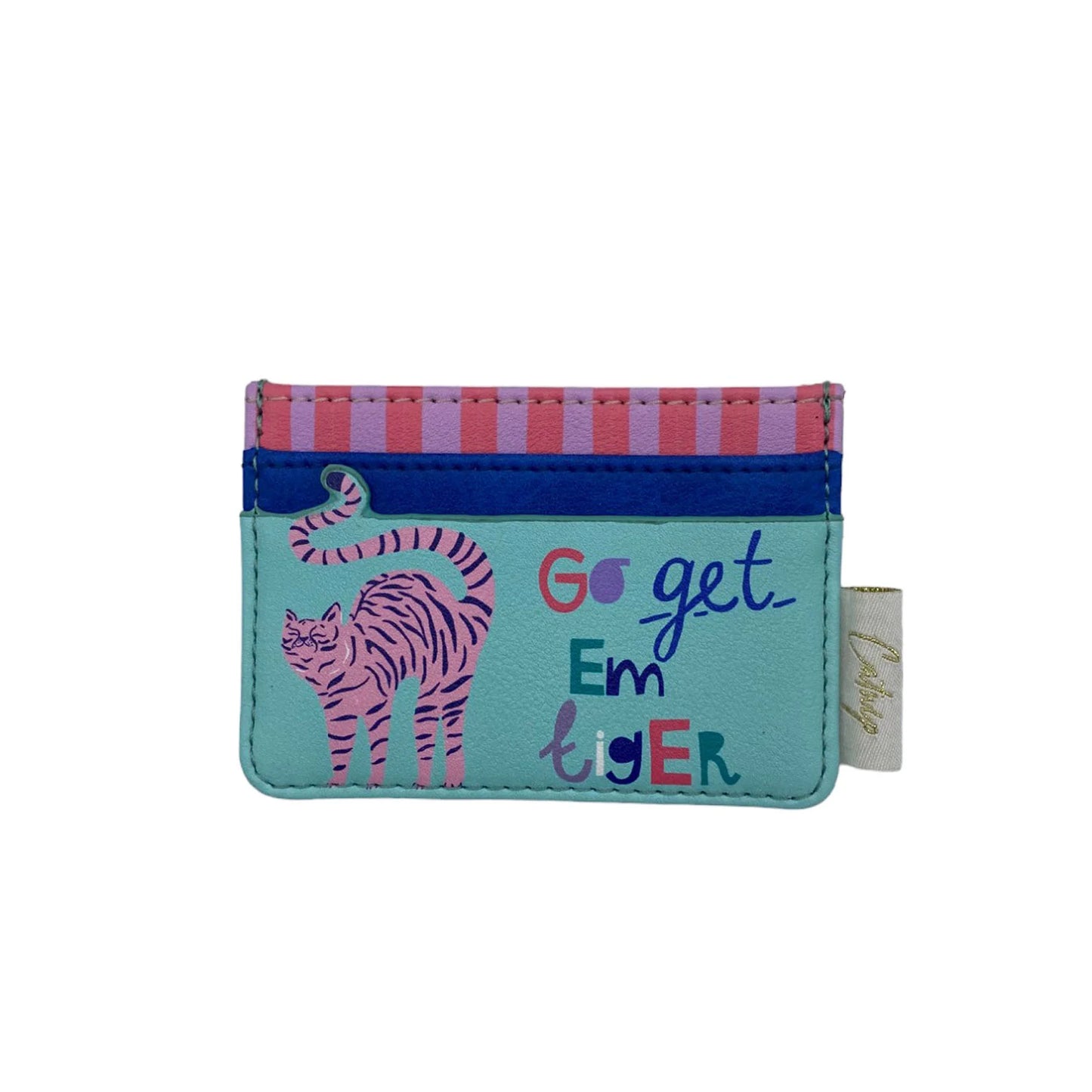 A pastel cat cardholder with charming cat illustrations, including a pink tiger, colourful stripes, and the phrase Go get Em tiGER printed on the front.