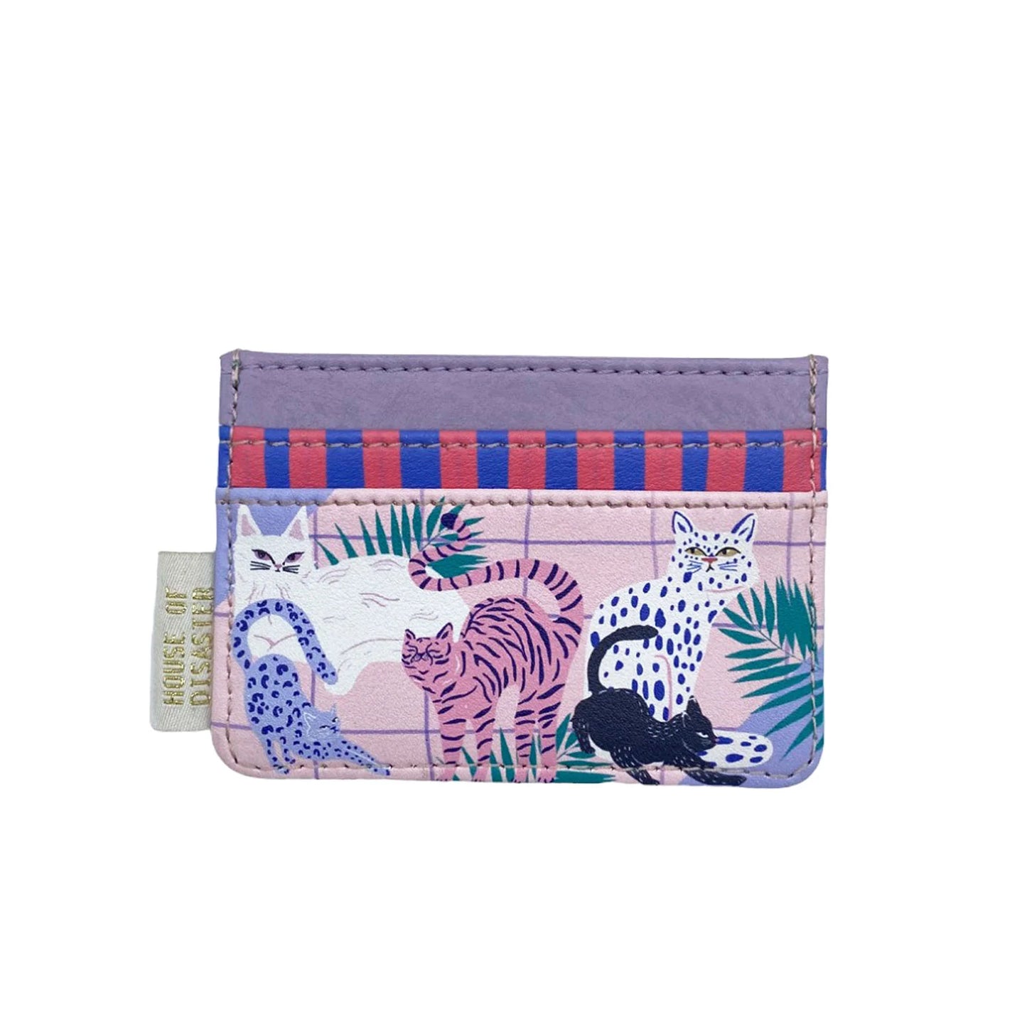 A purple and pink cat cardholder adorned with playful cat illustrations and green leaves.