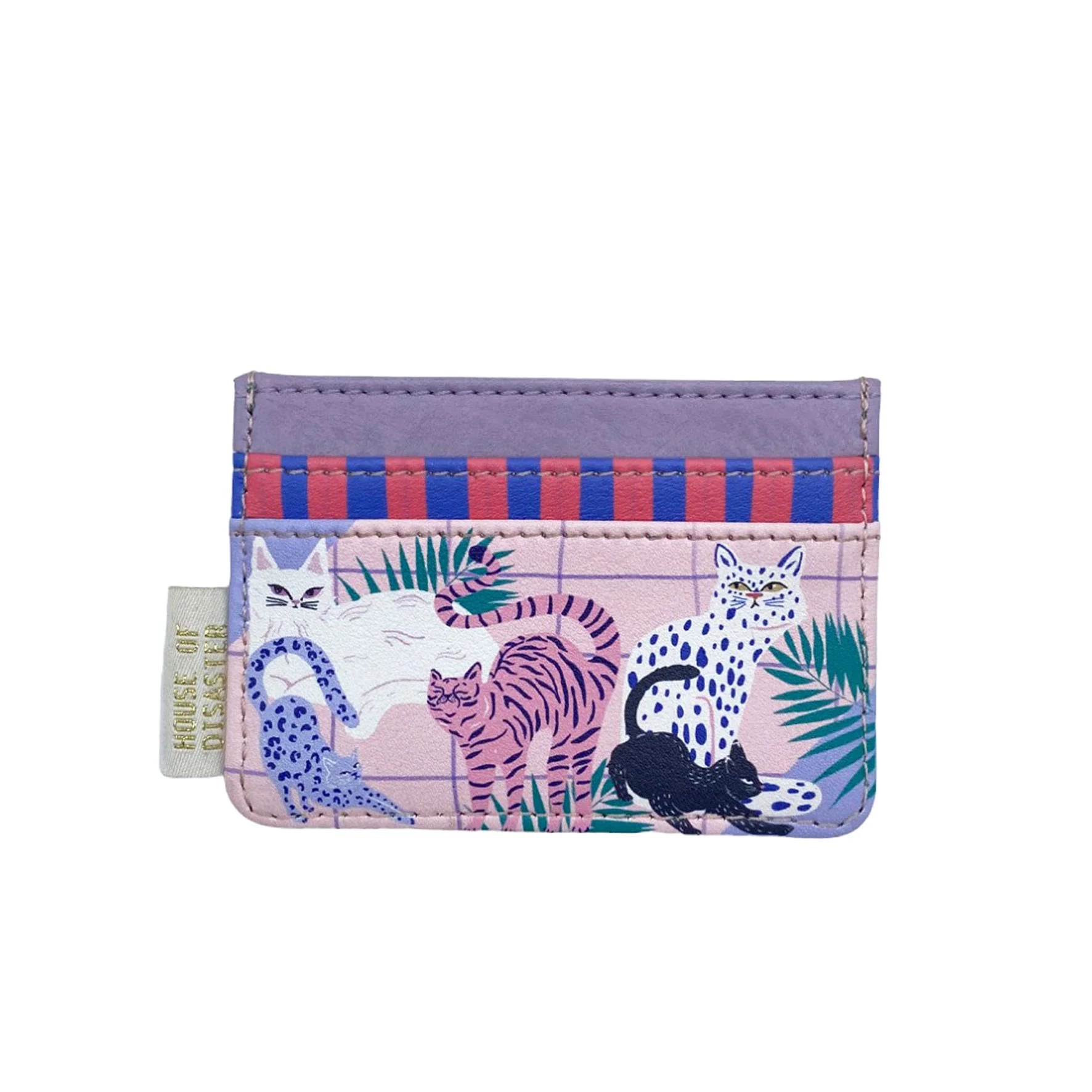 A purple and pink cat cardholder adorned with playful cat illustrations and green leaves.