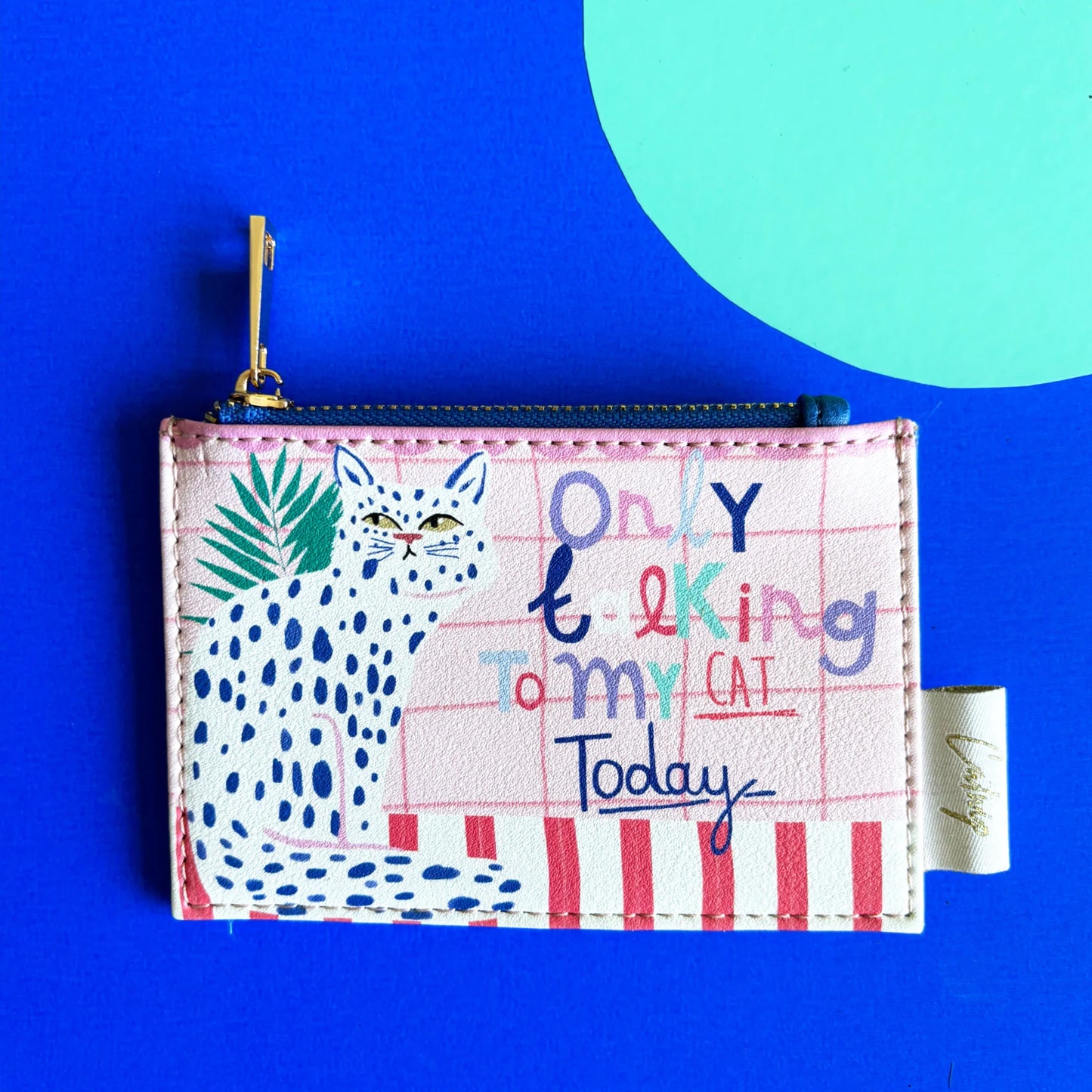 A quirky accessory for any cat lover, this small zipped cat purse features an illustrated cat and the phrase "Only talking to my cat today" on a bright blue background with a green circle.