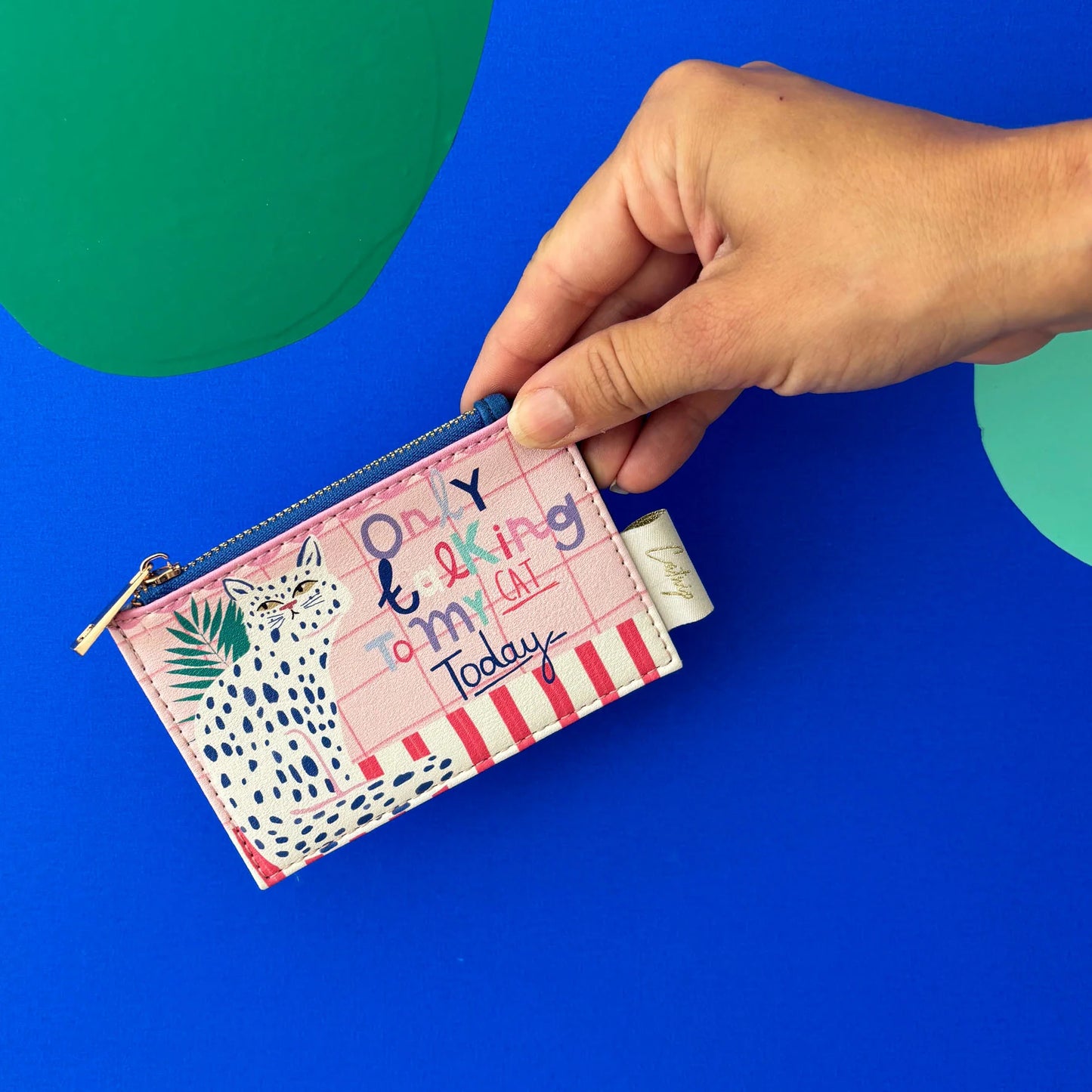 A hand holds a quirky cat purse featuring a charming cat illustration and the phrase Only talking to my cat today, set against a blue and green background—a perfect gift for cat lovers.