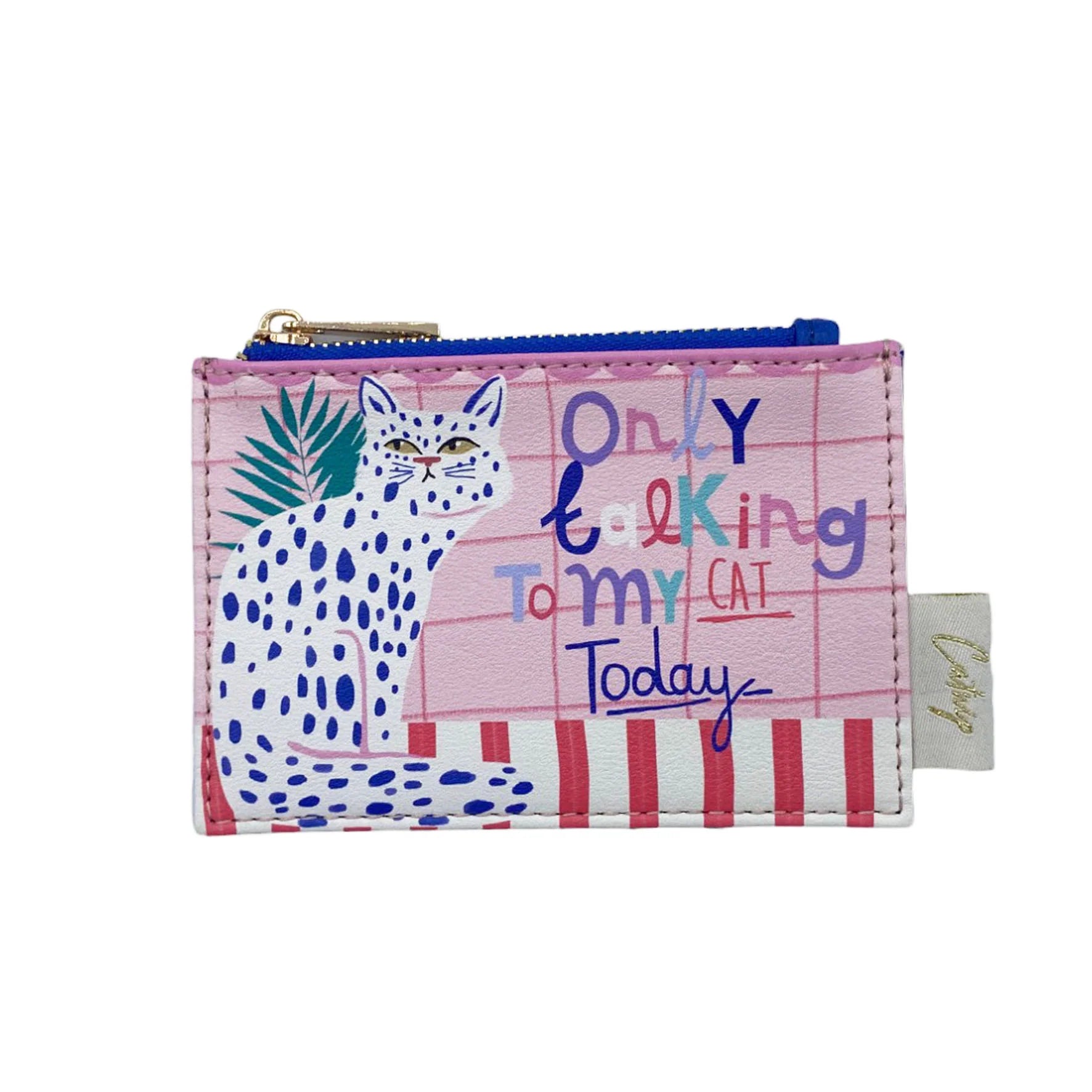 Rectangular cat purse with a blue zip, featuring an illustrated white cat and the text, Only talking to my cat today on a pink and white striped background—a quirky accessory and ideal gift for cat lovers.