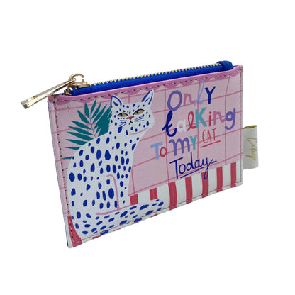 A quirky accessory, this small zipped cat purse features a white illustrated cat and the phrase “Only talking to my cat today” on a pink patterned background—ideal as a gift for any cat lover.