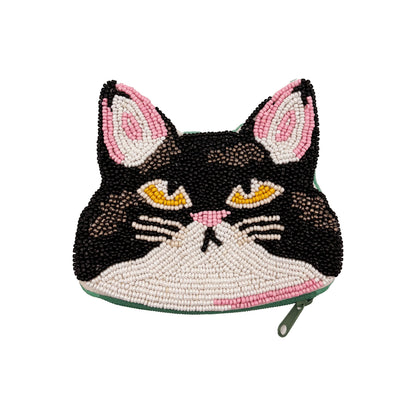 A small zipped pouch in the shape of a cat’s face, adorned with black, white, pink and yellow beads—an adorable beaded cat coin purse that makes a perfect gift for any cat lover.