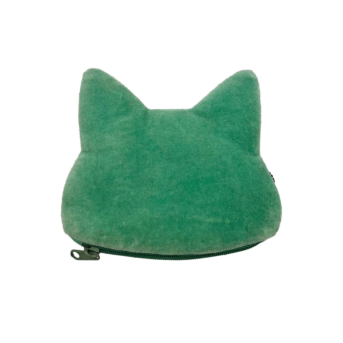 Green, cat-shaped plush coin purse featuring a zip at the bottom; this quirky feline accessory makes an ideal addition to any cat lover’s gift collection. Pictured against a white background.