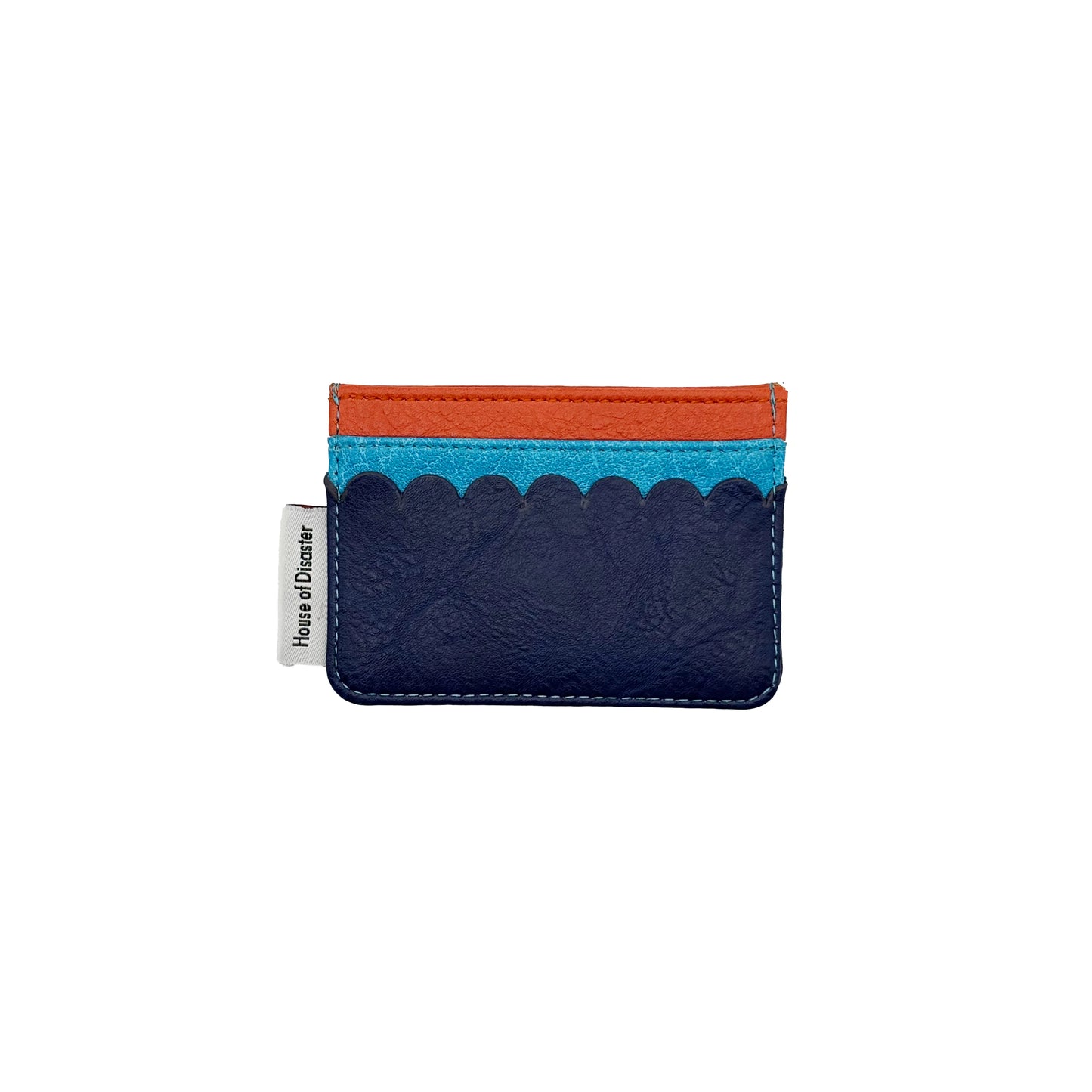 A slim, colourful card holder with a navy blue base, light blue scalloped accent, and orange top trim—this PVC card holder features a small white tag on the left side.