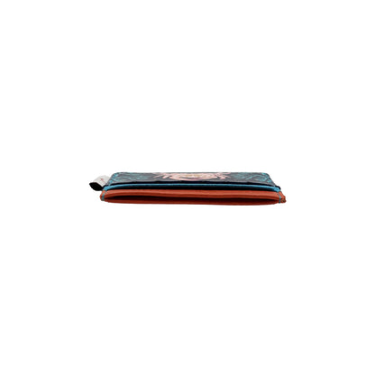 A flat, rectangular fabric pouch with a teal pattern, a visible zip, and an orange lining—this colourful card holder is photographed from the side against a white background.