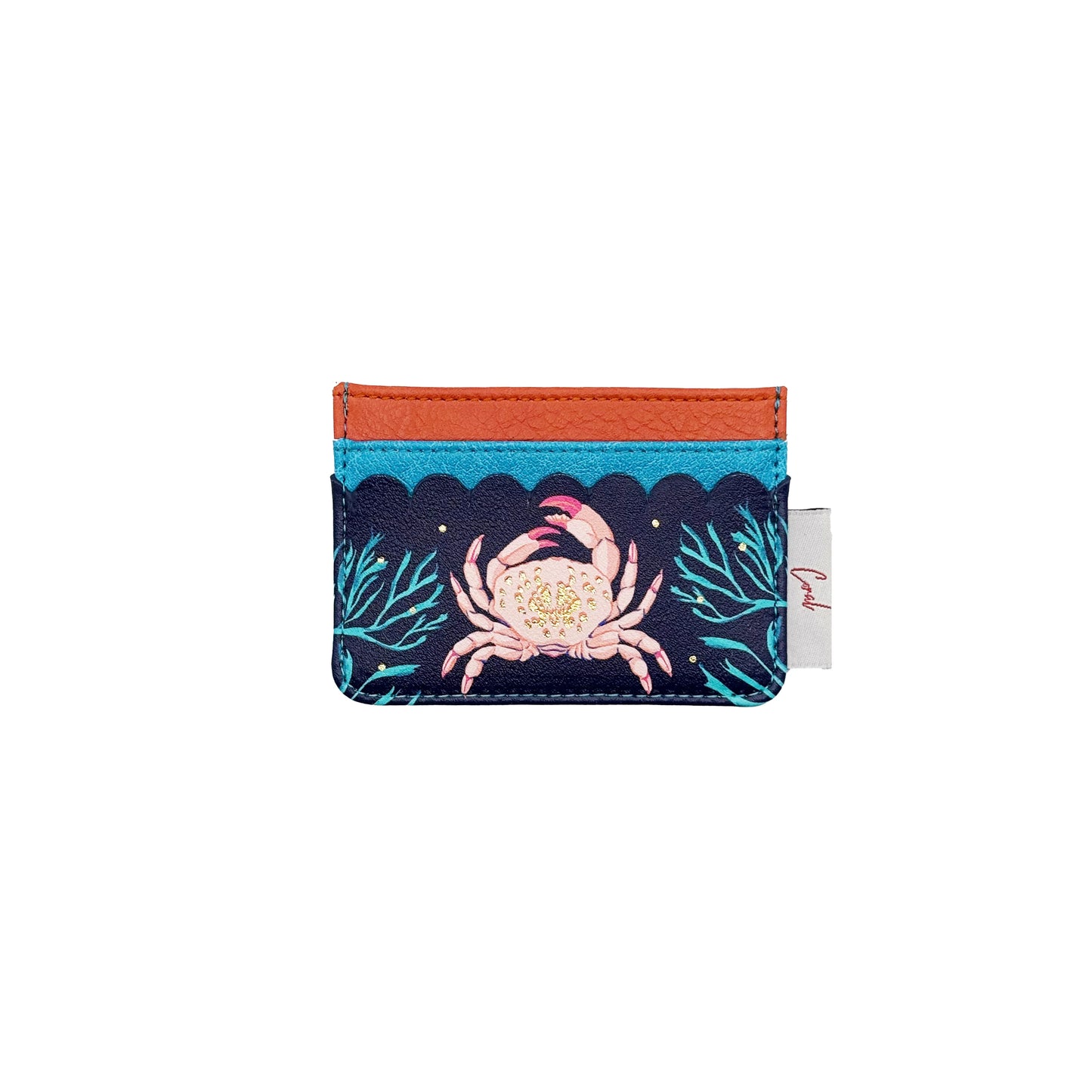 This colourful card holder boasts an orange trim, blue background, and a cheerful crab with seaweed illustration on the front. Ideal as a robust PVC cardholder for everyday use.
